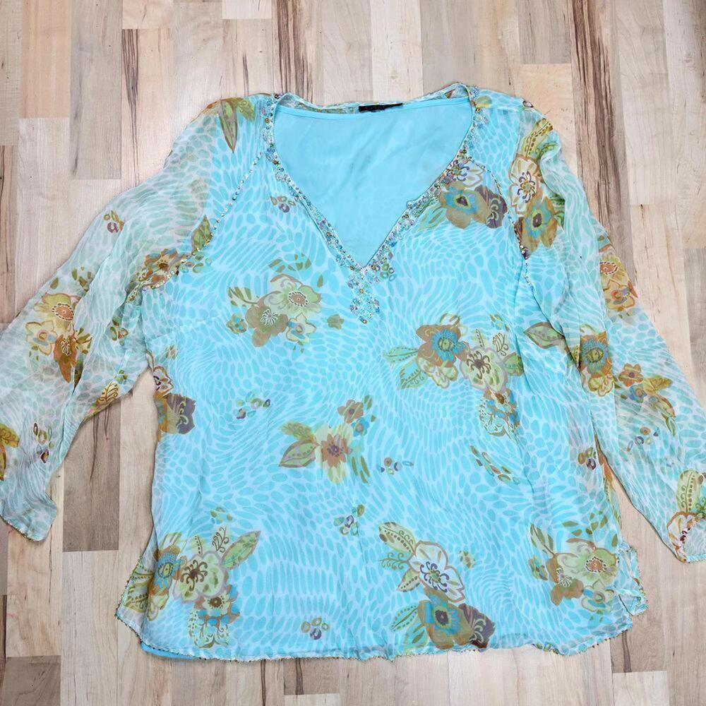 Light Blue Floral Sheer Blouse with Beaded V-Neck 100% Silk